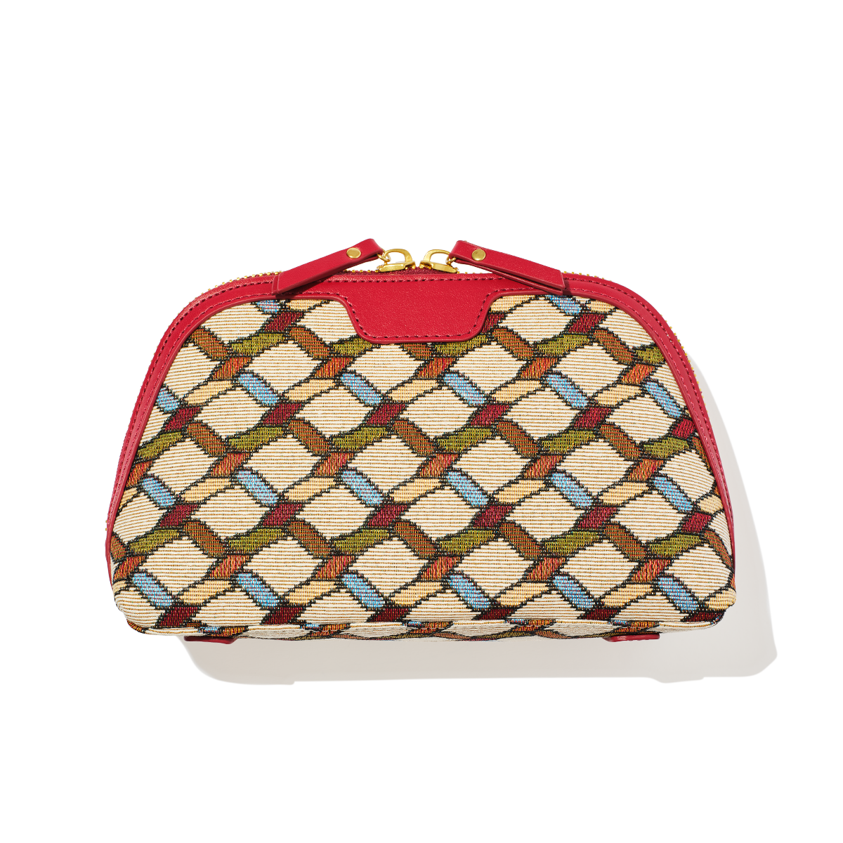 Woven pouch with red top and multicolored pattern on a white background