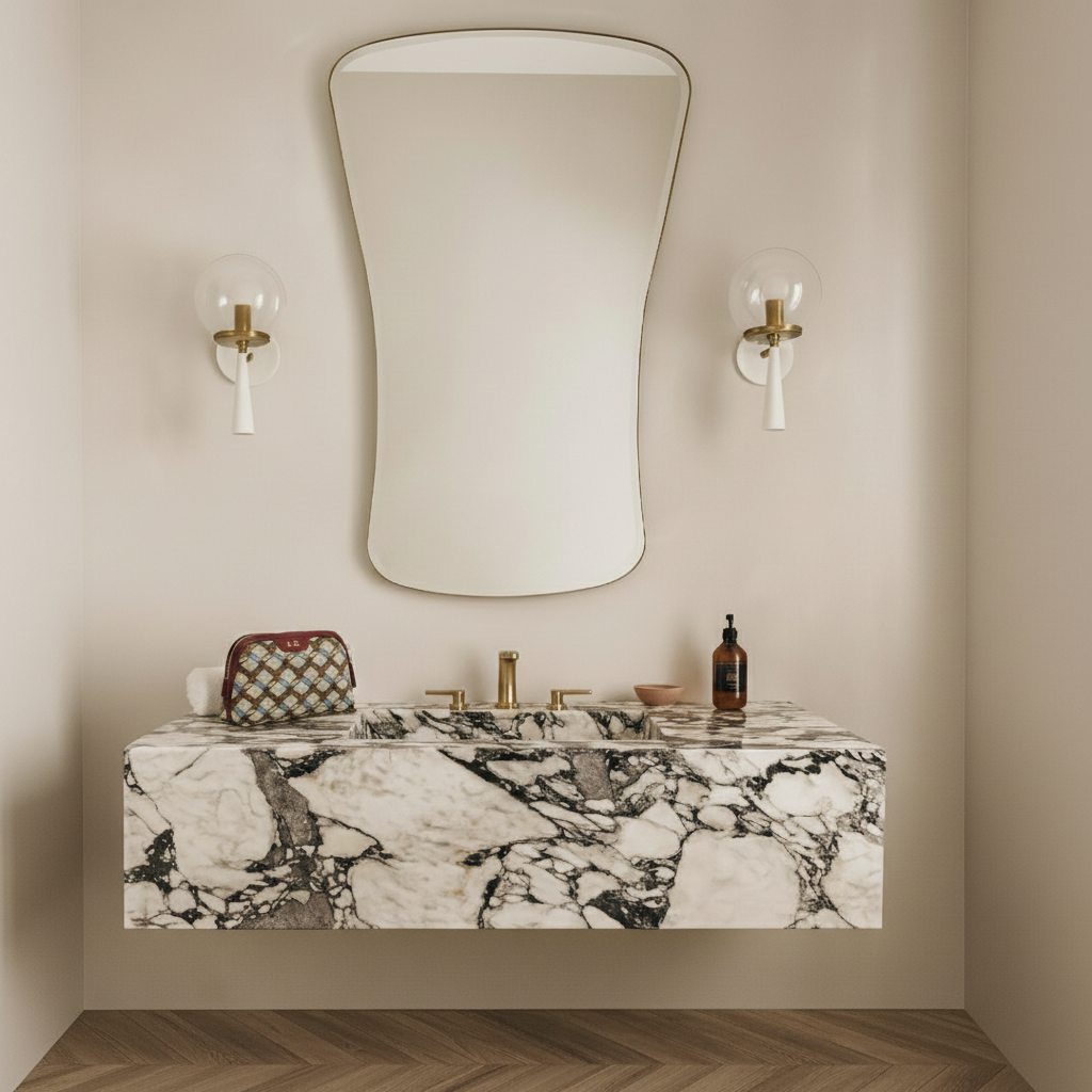 Bathroom vanity with marble countertop, mirror, and wall lights.